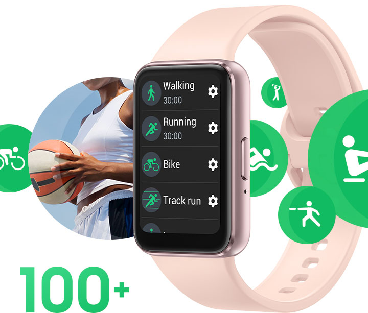 Vemos um Galaxy Fit3 com vários ícones de modo de exercício, incluindo bicicleta e natação em piscina, deslizando pelo dispositivo.