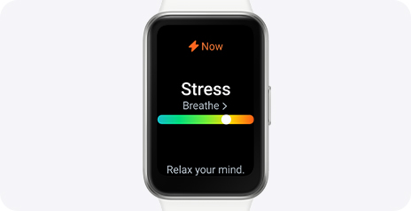 Vemos um Galaxy Fit3 com o recurso de medição do nível de estresse aberto, mostrando o nível de estresse atual e o exercício de respiração no visor.