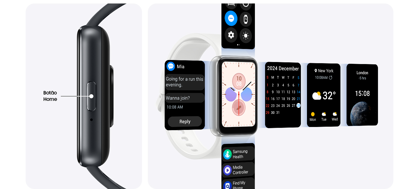 Vemos um Galaxy Fit3 exibindo o lado do botão Home em close-up com o texto 'Botão Home'. Ao lado dele está o Galaxy Fit3 com várias telas, incluindo a previsão do tempo e o relógio mundial, que se estendem para fora da tela de quatro maneiras para indicar a facilidade de navegação.
